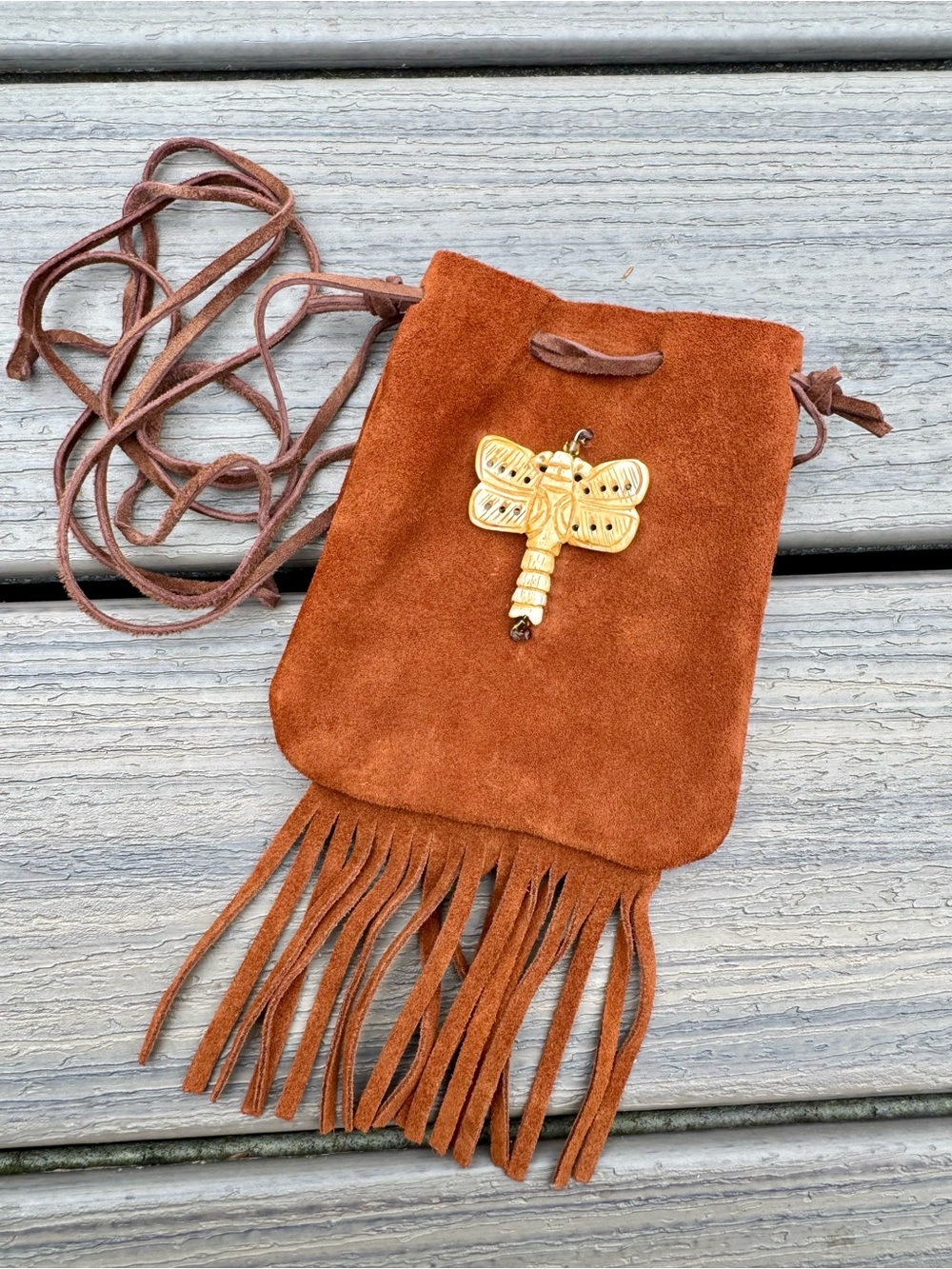 Handmade Suede Fringe Small Bag with Dragonfly Accent - Brown